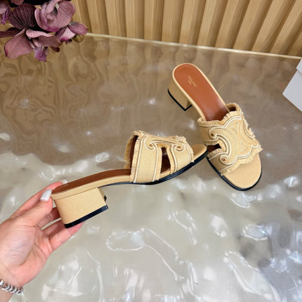 CELINE 26S TRIOMPHE BLOCK HEEL MULES IN DARK BEIGE DENIM