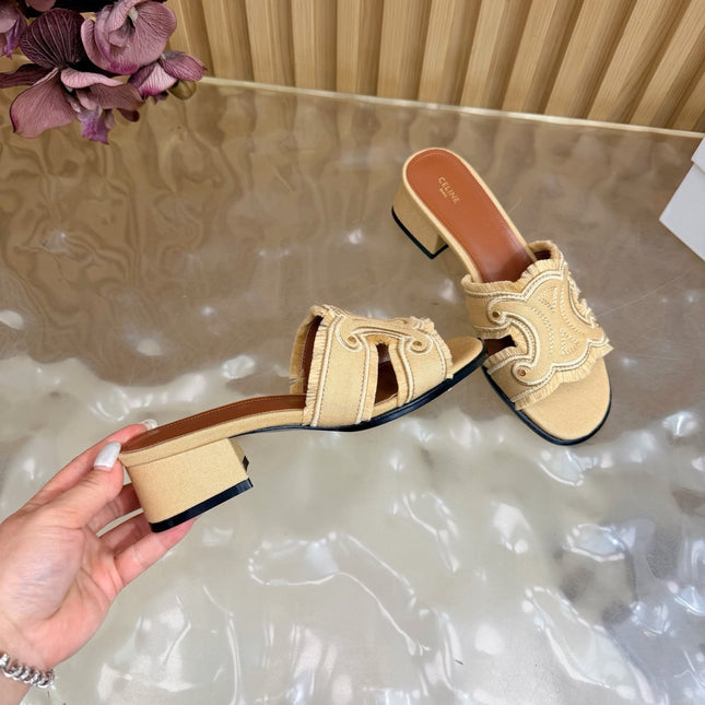 CELINE 26S TRIOMPHE BLOCK HEEL MULES IN DARK BEIGE DENIM
