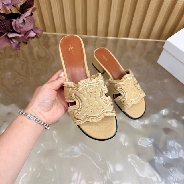 CELINE 26S TRIOMPHE BLOCK HEEL MULES IN DARK BEIGE DENIM