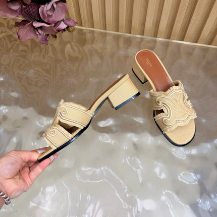 CELINE 26S TRIOMPHE BLOCK HEEL MULES IN DARK BEIGE DENIM