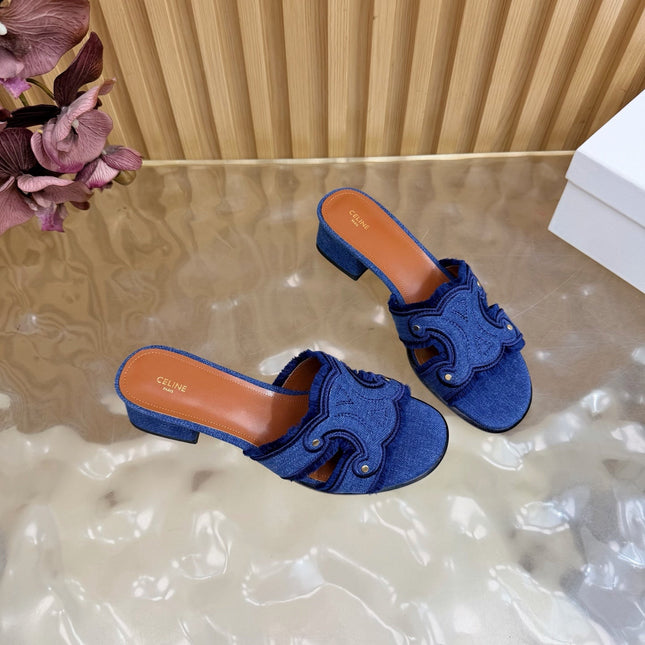 CELINE 26S TRIOMPHE BLOCK HEEL MULES IN BLUE DENIM