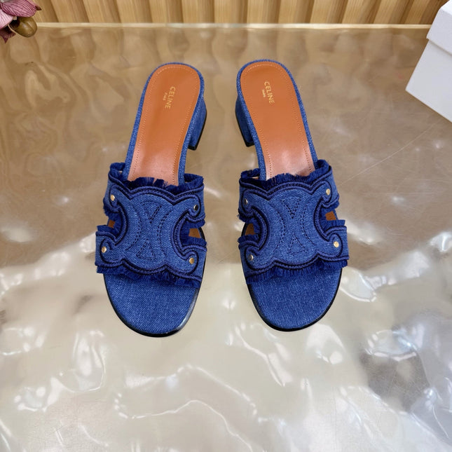 CELINE 26S TRIOMPHE BLOCK HEEL MULES IN BLUE DENIM