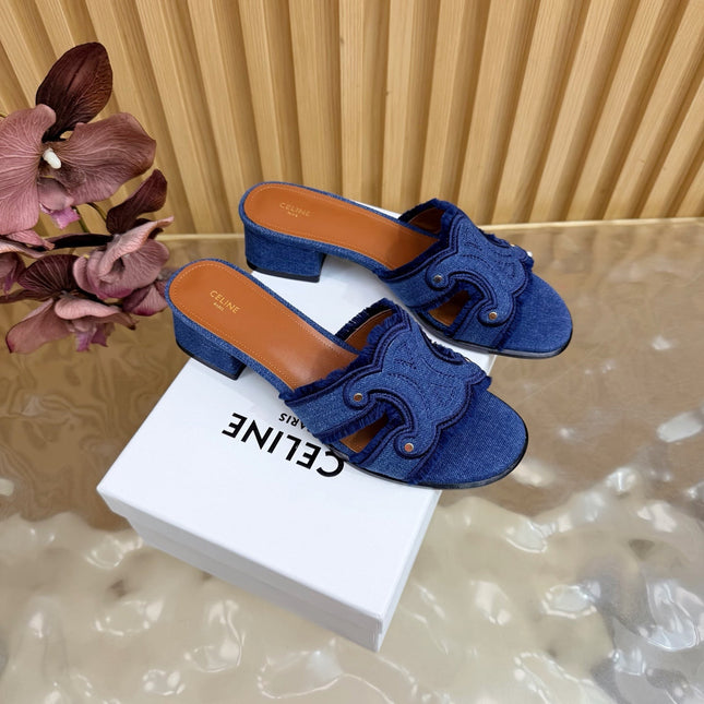 CELINE 26S TRIOMPHE BLOCK HEEL MULES IN BLUE DENIM