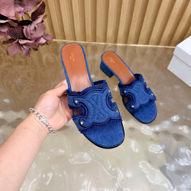 CELINE 26S TRIOMPHE BLOCK HEEL MULES IN BLUE DENIM