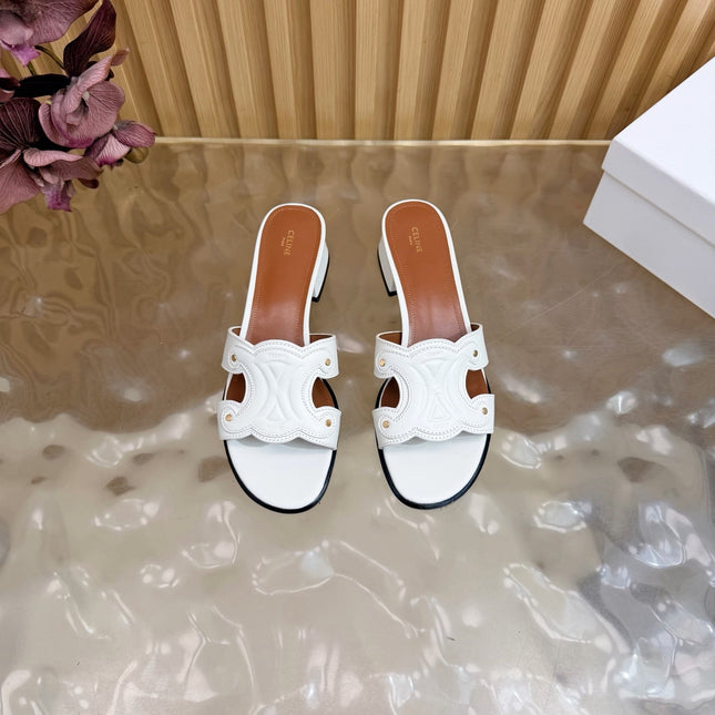 CELINE 26S TRIOMPHE BLOCK HEEL MULES IN WHITE CALFSKIN