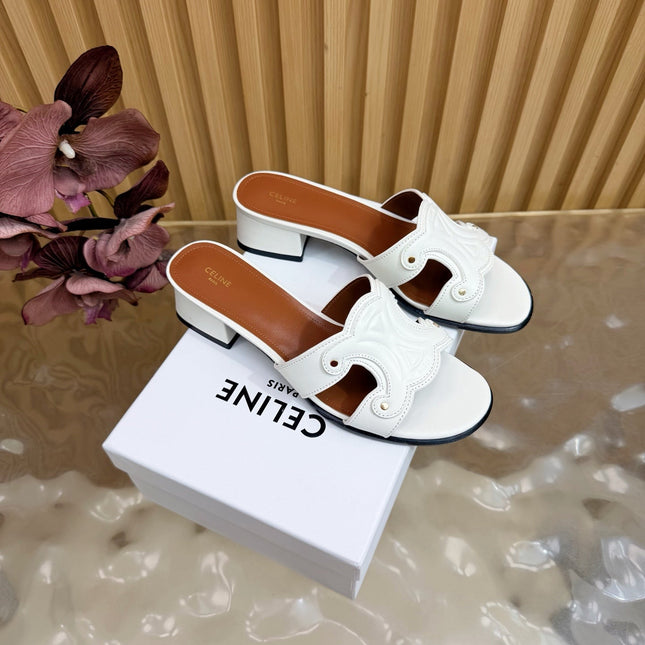 CELINE 26S TRIOMPHE BLOCK HEEL MULES IN WHITE CALFSKIN