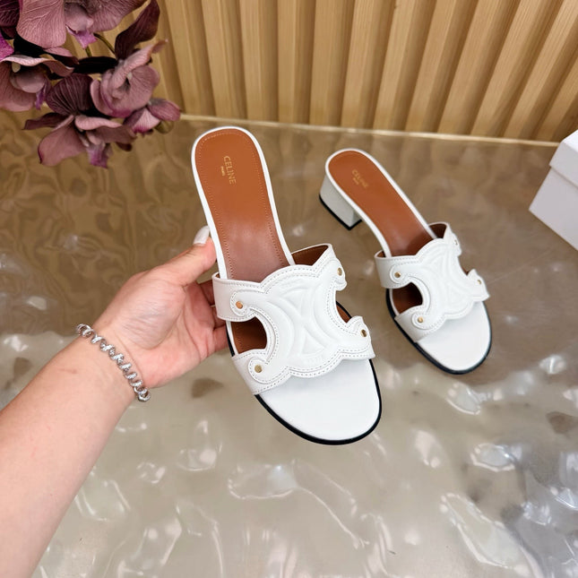 CELINE 26S TRIOMPHE BLOCK HEEL MULES IN WHITE CALFSKIN