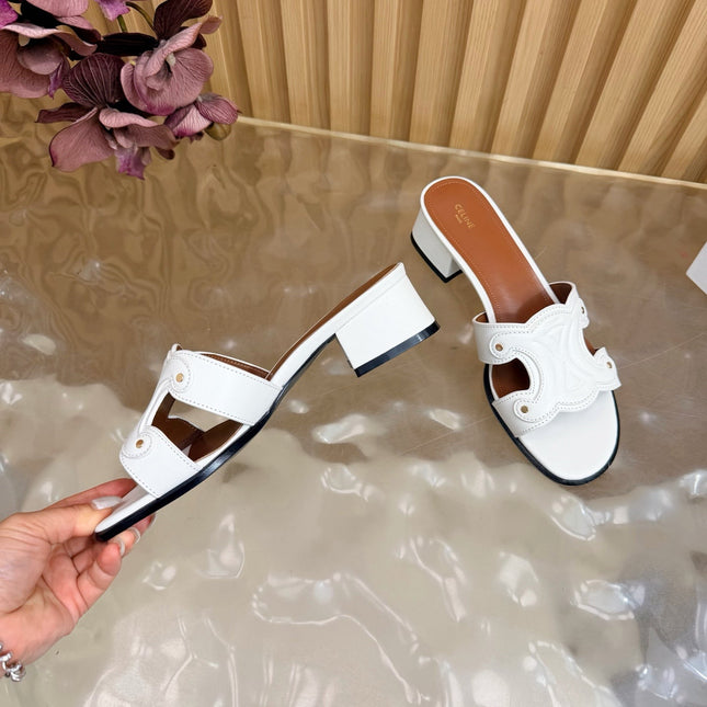 CELINE 26S TRIOMPHE BLOCK HEEL MULES IN WHITE CALFSKIN