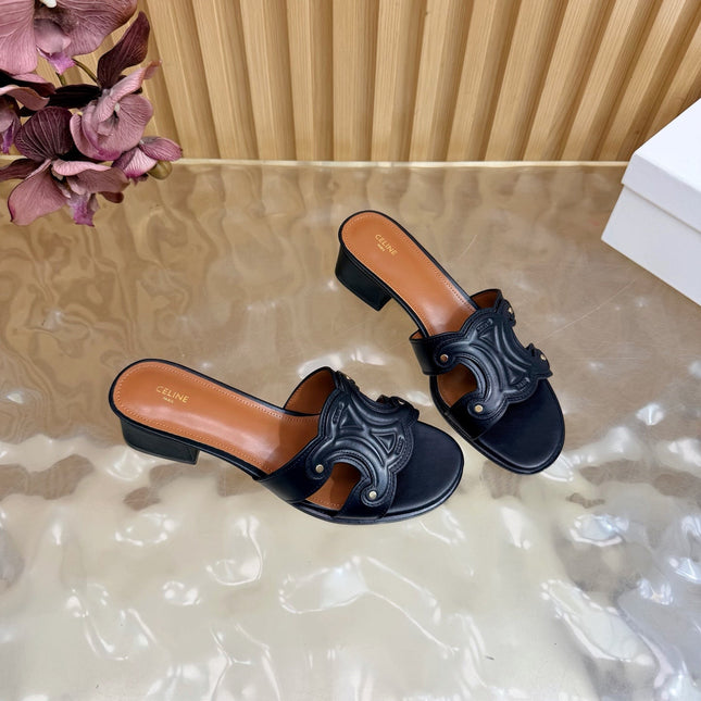 CELINE 26S TRIOMPHE BLOCK HEEL MULES IN NAVY BLACK CALFSKIN