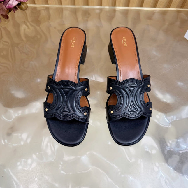 CELINE 26S TRIOMPHE BLOCK HEEL MULES IN NAVY BLACK CALFSKIN