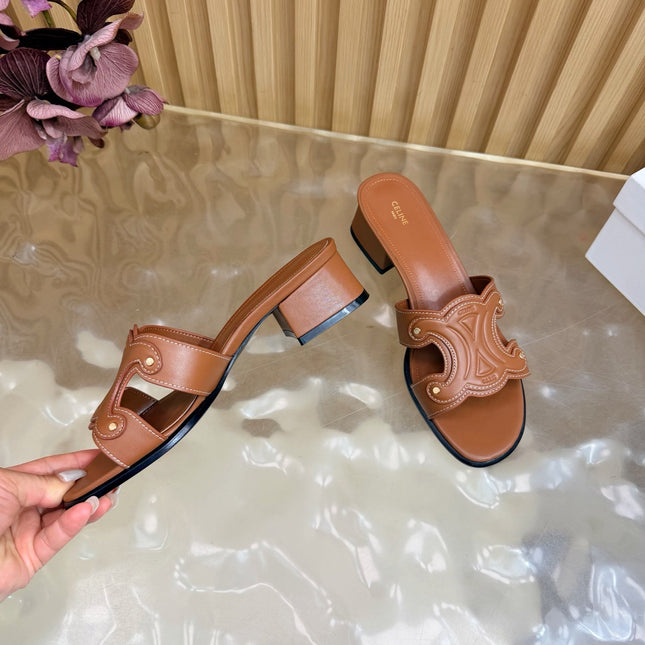 CELINE 26S TRIOMPHE BLOCK HEEL MULES IN COGNAC BROWN CALFSKIN
