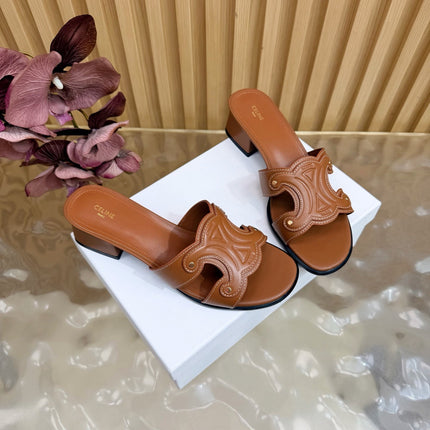 CELINE 26S TRIOMPHE BLOCK HEEL MULES IN COGNAC BROWN CALFSKIN