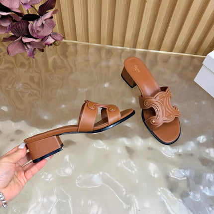 CELINE 26S TRIOMPHE BLOCK HEEL MULES IN COGNAC BROWN CALFSKIN