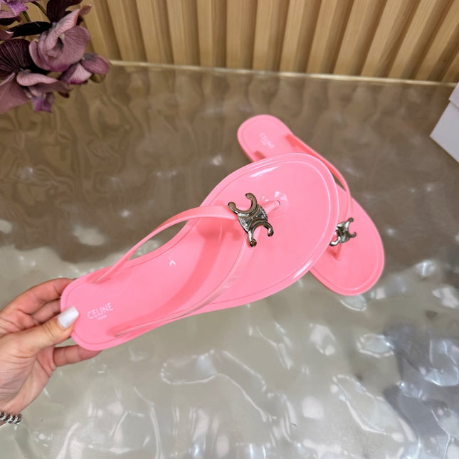 CELINE 26S TRIOMPHE THONG SANDALS IN PINK TPU SILVER HARDWARE