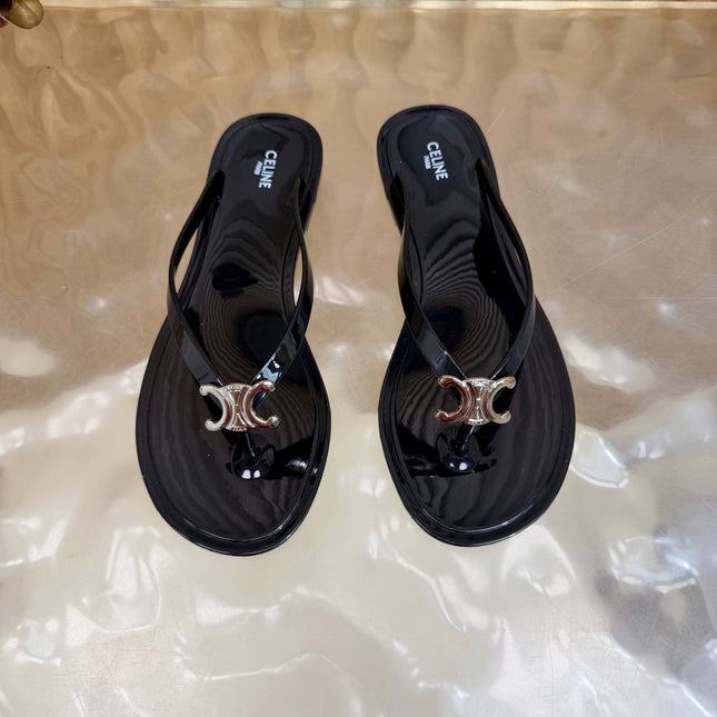 CELINE 26S TRIOMPHE THONG SANDALS IN BLACK TPU SILVER HARDWARE