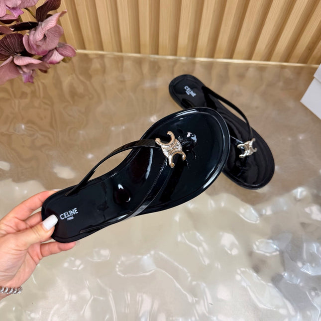 CELINE 26S TRIOMPHE THONG SANDALS IN BLACK TPU SILVER HARDWARE