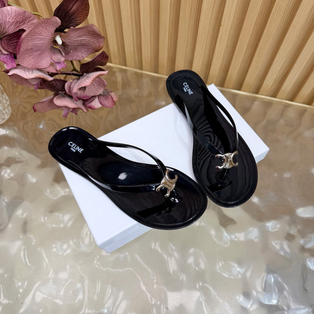 CELINE 26S TRIOMPHE THONG SANDALS IN BLACK TPU SILVER HARDWARE