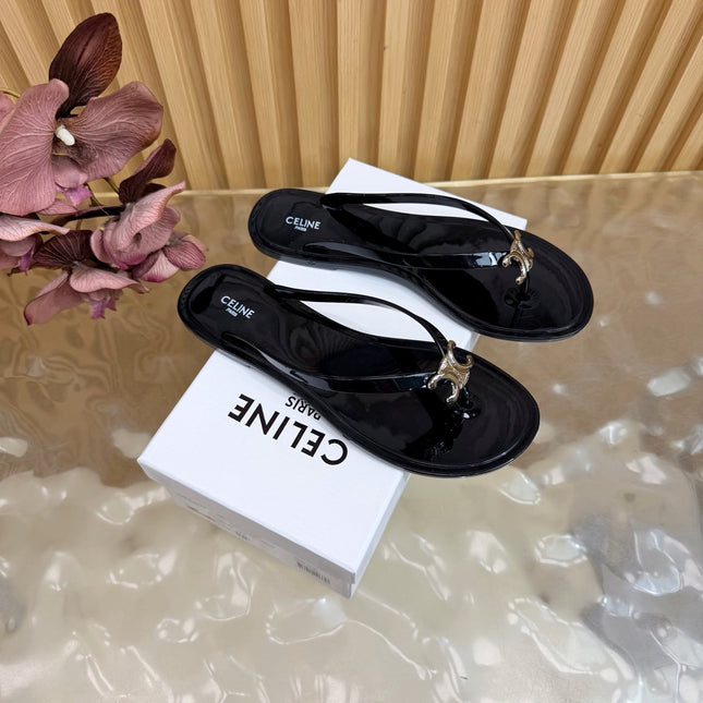 CELINE 26S TRIOMPHE THONG SANDALS IN BLACK TPU SILVER HARDWARE