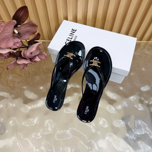 CELINE 26S TRIOMPHE THONG SANDALS IN BLACK TPU SILVER HARDWARE