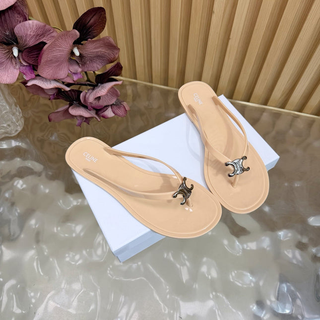 CELINE 26S TRIOMPHE THONG SANDALS IN NUDE BEIGE TPU SILVER HARDWARE