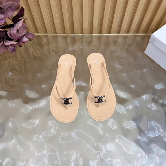 CELINE 26S TRIOMPHE THONG SANDALS IN NUDE BEIGE TPU SILVER HARDWARE