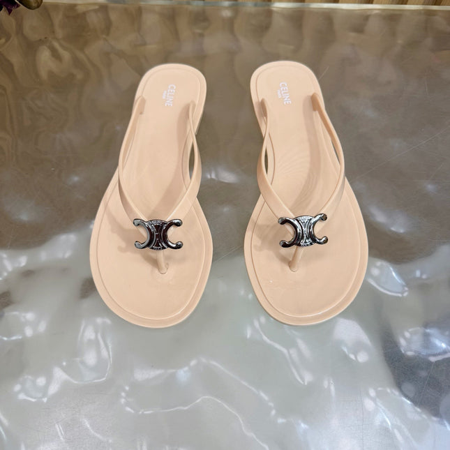 CELINE 26S TRIOMPHE THONG SANDALS IN NUDE BEIGE TPU SILVER HARDWARE