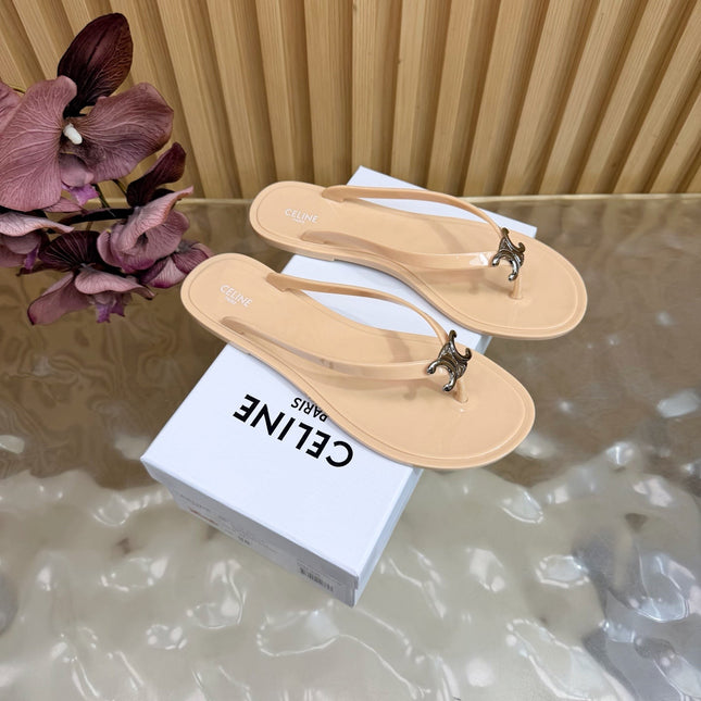 CELINE 26S TRIOMPHE THONG SANDALS IN NUDE BEIGE TPU SILVER HARDWARE