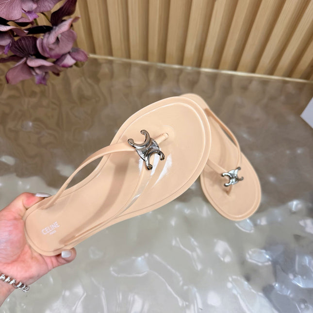 CELINE 26S TRIOMPHE THONG SANDALS IN NUDE BEIGE TPU SILVER HARDWARE