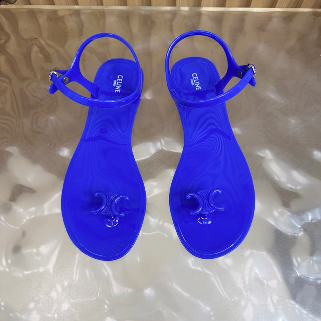 CELINE 26S TRIOMPHE JELLY THONG SANDALS IN DARK BLUE TPU GOLD HARDWARE