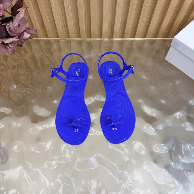 CELINE 26S TRIOMPHE JELLY THONG SANDALS IN DARK BLUE TPU GOLD HARDWARE