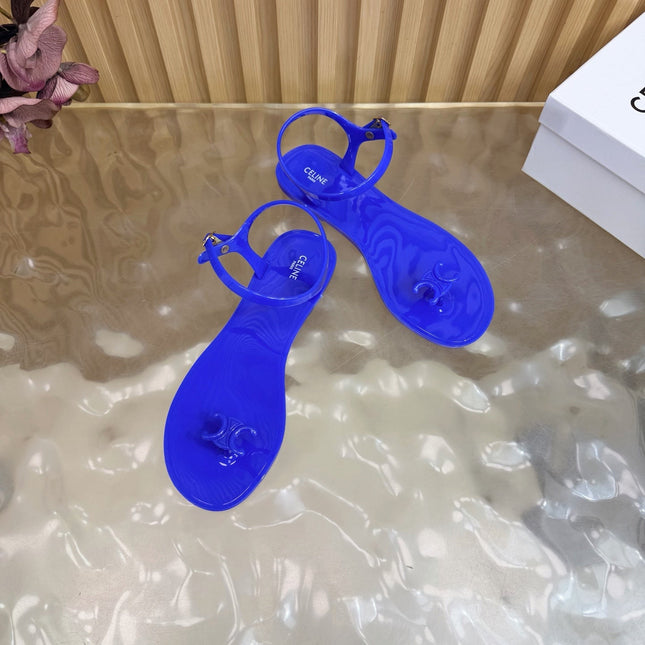 CELINE 26S TRIOMPHE JELLY THONG SANDALS IN DARK BLUE TPU GOLD HARDWARE