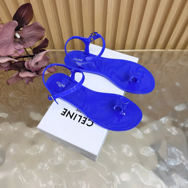 CELINE 26S TRIOMPHE JELLY THONG SANDALS IN DARK BLUE TPU GOLD HARDWARE