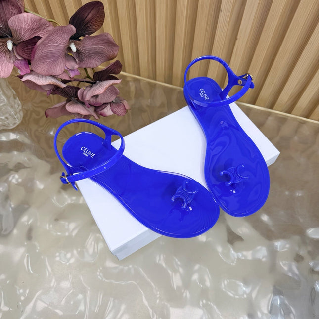 CELINE 26S TRIOMPHE JELLY THONG SANDALS IN DARK BLUE TPU GOLD HARDWARE