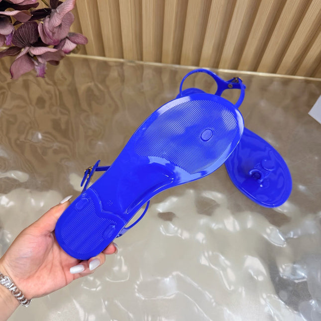CELINE 26S TRIOMPHE JELLY THONG SANDALS IN DARK BLUE TPU GOLD HARDWARE