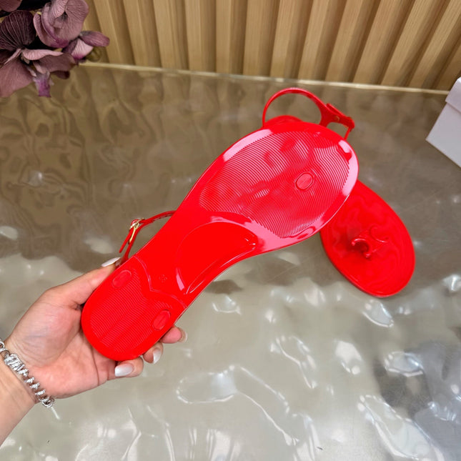 CELINE 26S TRIOMPHE JELLY THONG SANDALS IN BRIGHT RED TPU GOLD HARDWARE