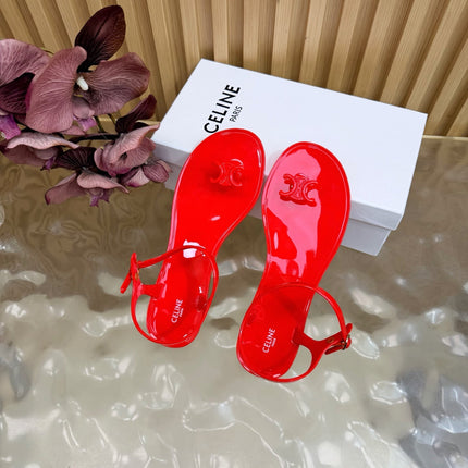CELINE 26S TRIOMPHE JELLY THONG SANDALS IN BRIGHT RED TPU GOLD HARDWARE