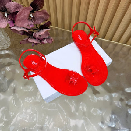 CELINE 26S TRIOMPHE JELLY THONG SANDALS IN BRIGHT RED TPU GOLD HARDWARE