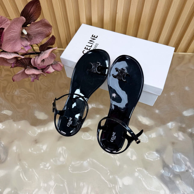 CELINE 26S TRIOMPHE JELLY THONG SANDALS IN BLACK TPU GOLD HARDWARE