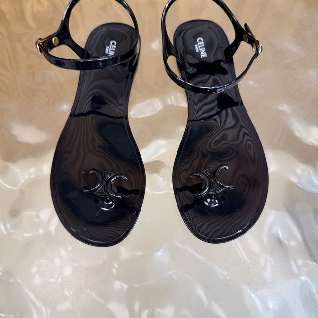 CELINE 26S TRIOMPHE JELLY THONG SANDALS IN BLACK TPU GOLD HARDWARE