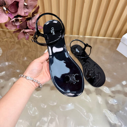 CELINE 26S TRIOMPHE JELLY THONG SANDALS IN BLACK TPU GOLD HARDWARE