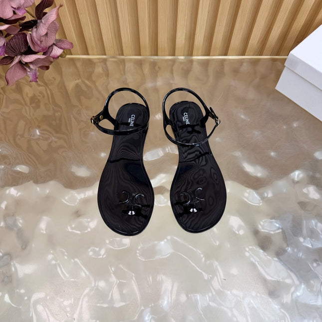 CELINE 26S TRIOMPHE JELLY THONG SANDALS IN BLACK TPU GOLD HARDWARE