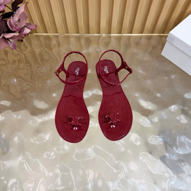 CELINE 26S TRIOMPHE JELLY THONG SANDALS IN BURGUNDY RED TPU GOLD HARDWARE