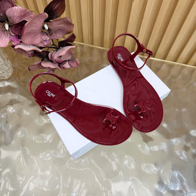 CELINE 26S TRIOMPHE JELLY THONG SANDALS IN BURGUNDY RED TPU GOLD HARDWARE