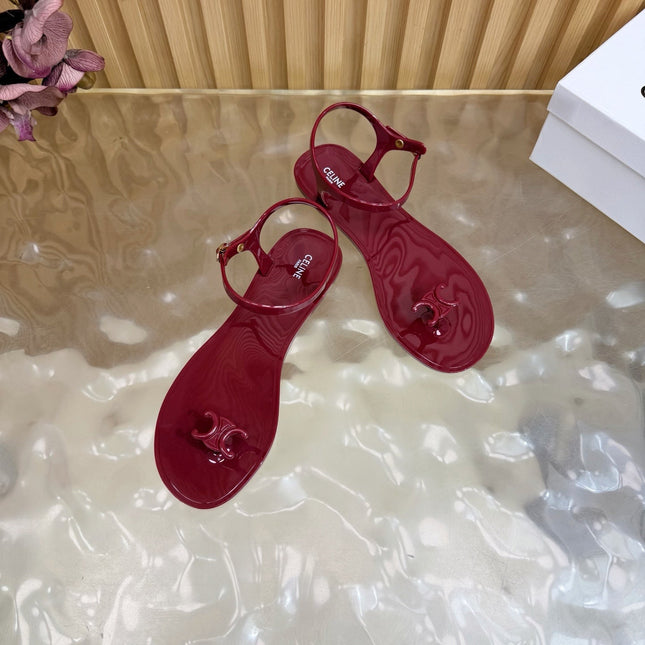 CELINE 26S TRIOMPHE JELLY THONG SANDALS IN BURGUNDY RED TPU GOLD HARDWARE