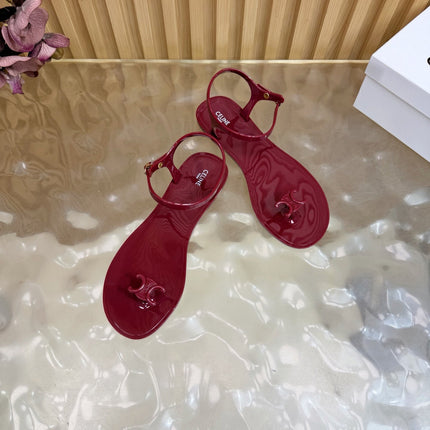 CELINE 26S TRIOMPHE JELLY THONG SANDALS IN BURGUNDY RED TPU GOLD HARDWARE