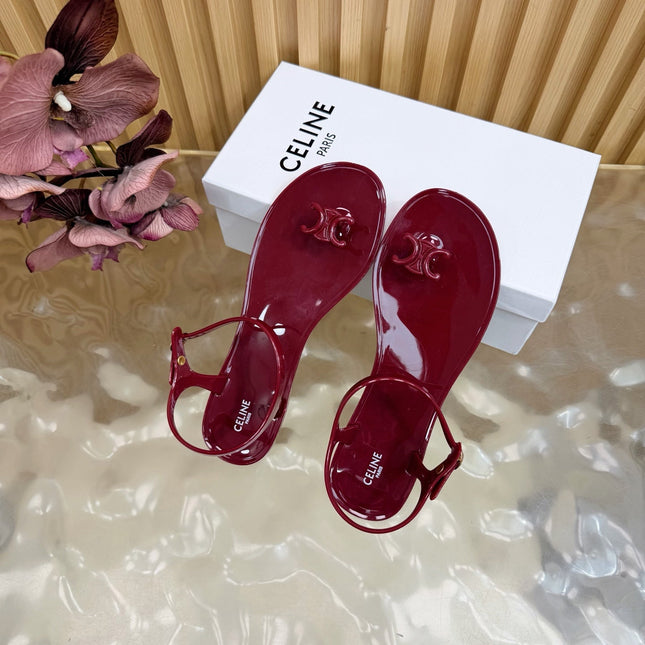 CELINE 26S TRIOMPHE JELLY THONG SANDALS IN BURGUNDY RED TPU GOLD HARDWARE