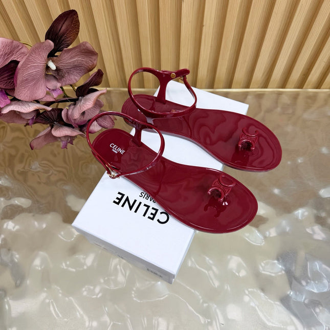 CELINE 26S TRIOMPHE JELLY THONG SANDALS IN BURGUNDY RED TPU GOLD HARDWARE