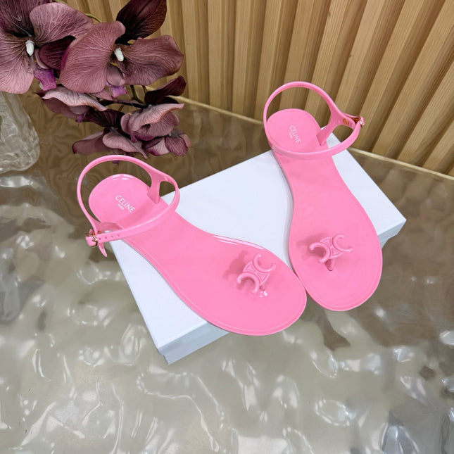 CELINE 26S TRIOMPHE JELLY THONG SANDALS IN PINK TPU GOLD HARDWARE