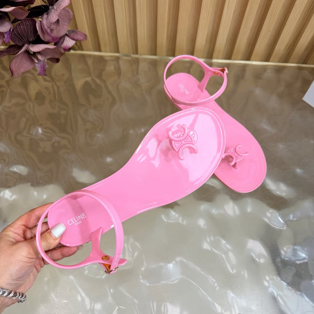CELINE 26S TRIOMPHE JELLY THONG SANDALS IN PINK TPU GOLD HARDWARE