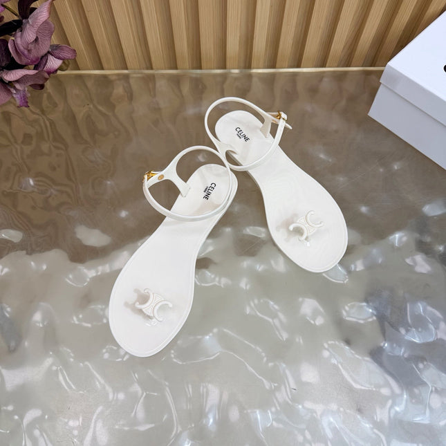 CELINE 26S TRIOMPHE JELLY THONG SANDALS IN WHITE TPU GOLD HARDWARE